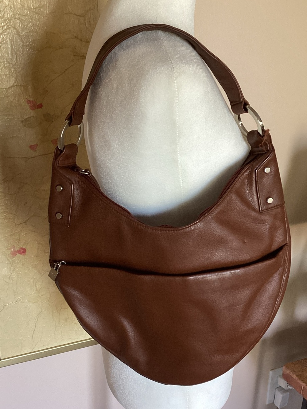 Perlina Brown Leather Crescent Shoulder Bag